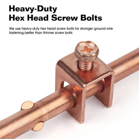 Close-up of heavy-duty hex head screw bolts on 4 Foot Copper Bonded Grounding Rod With 3 Eighth Inch Diameter And 10 Foot Ground Wire Integrated Cable Clips Copperweld Rod With Hardened Steel Core Vertical Electroplating Heavy Duty Grounding Kit Meets ASTM E8 E8M 16 And ASTM B368 2014 1 Set