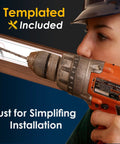 Person using a drill on wood door with Heavy Duty Pivot Hinge For Wood Doors With Stainless Steel Hidden Door Hardware template.