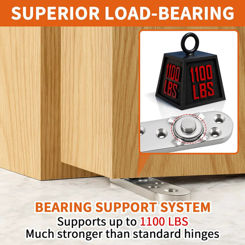 Heavy Duty Pivot Hinge With Hold Open For Concealed Doors Up To 1100 Lbs, displaying load-bearing support and 1100 lbs weight capacity