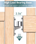 2 Pack Heavy Duty Gate Hinges installed between wood panels showing 5/8'' wall mount base, 600lbs capacity, stainless steel hinge support