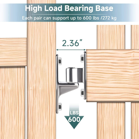 2 Pack Heavy Duty Gate Hinges installed between wood panels showing 5/8'' wall mount base, 600lbs capacity, stainless steel hinge support