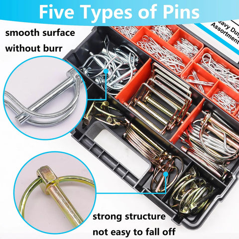 Heavy Duty Hitch Pin Kit 202 Pcs With Clip Pins R Clips Linch Pins PTO Pins For Trailer Truck Towing, organized in storage case.