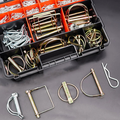 Heavy Duty Hitch Pin Kit 202 Pcs With Clip Pins R Clips Linch Pins PTO Pins in storage case, galvanized carbon steel