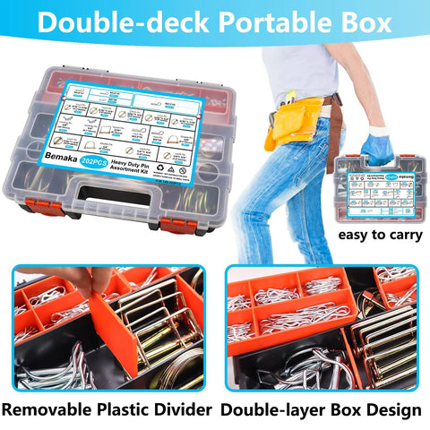 Heavy Duty Hitch Pin Kit 202 Pcs With Clip Pins R Clips Linch Pins PTO Pins in double-deck portable storage case, easy to carry