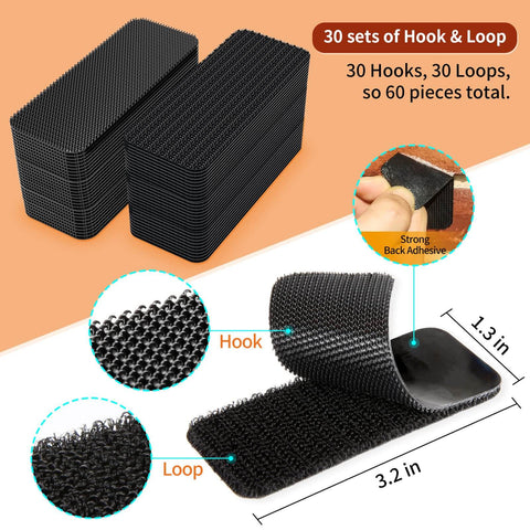 Industrial Heavy Duty Hook And Loop Strips With Adhesive, 30 Sets, 1.3x3.2 Inch, Black, Double Sided Tape for Rough Surfaces