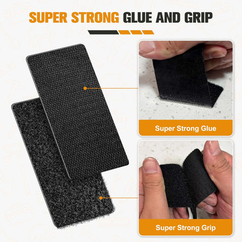 Heavy Duty Hook And Loop Strips 2x4 Inches 12 Sets Black Mounting Tape With Scissors for Multi Purpose Use shown with strong adhesive