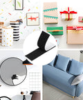 Heavy-Duty Hook And Loop Strips With Adhesive Backing shown securing picture frames and organizing gifts, 15 Pack, 1.2x4 Inch.