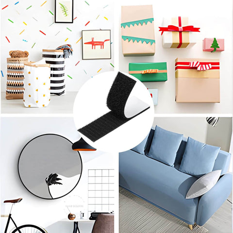 Heavy-Duty Hook And Loop Strips With Adhesive Backing shown securing picture frames and organizing gifts, 15 Pack, 1.2x4 Inch.