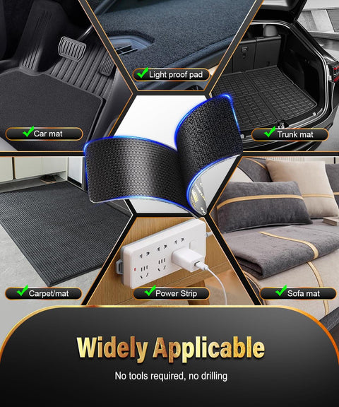 Industrial Strength Hook And Loop Strips With Ultra Sticky Super Adhesive Backing, Heavy Duty Velcro Tape Pack In Three Sizes, used on car mats, trunk mats, and more.
