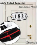 Heavy-Duty Hook And Loop Strips With Adhesive Backing, No-Fuss Sticky-Back Fasteners, shown on a door with number plaques.