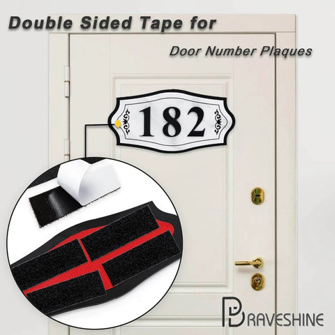 Heavy-Duty Hook And Loop Strips With Adhesive Backing, No-Fuss Sticky-Back Fasteners, shown on a door with number plaques.