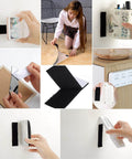 Collage showing heavy-duty hook and loop strips with adhesive backing used for mounting items in home and office.