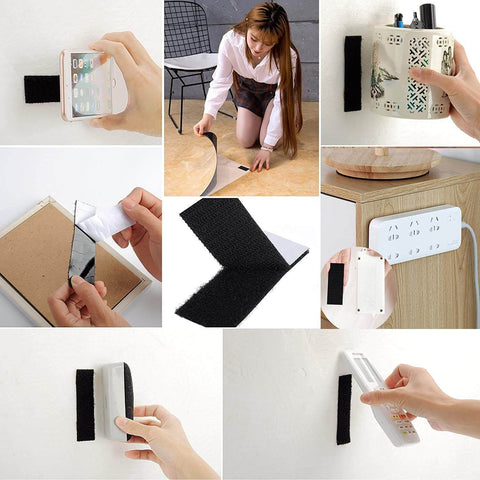 Collage showing heavy-duty hook and loop strips with adhesive backing used for mounting items in home and office.