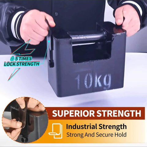 Person demonstrating Industrial Heavy Duty Hook And Loop Strips With Adhesive, 30 Sets, holding 10kg weight on black surface.