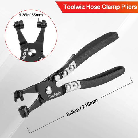 Heavy Duty Hose Clamp Pliers with Locking Device and Non Slip Handle, 1.38 inch jaw, carbon steel, 215mm length, black finish.