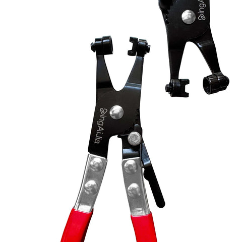Front view of Professional Heavy Duty Hose Clamp Pliers Repair Tool With Swivel Head, high carbon steel, red rubber handles.