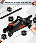 Heavy Duty 1.5 Ton Car Floor Jack With Five And One Eighth Inch To Twelve Inch Lift Range, Hydraulic Trolley Jack With Solid Storage Case, 3300 Lbs Capacity visible with dimensions and handle