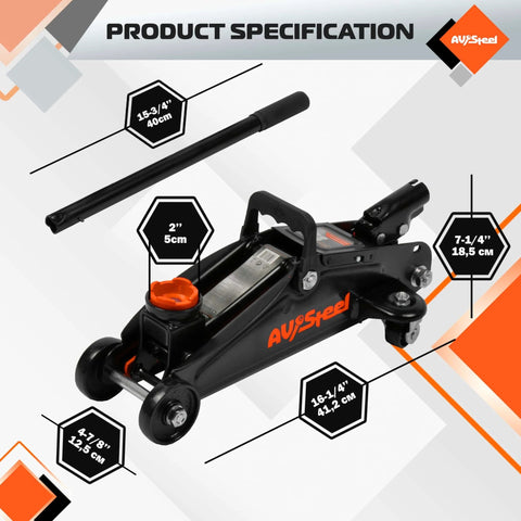 Heavy Duty 1.5 Ton Car Floor Jack With Five And One Eighth Inch To Twelve Inch Lift Range, Hydraulic Trolley Jack With Solid Storage Case, 3300 Lbs Capacity visible with dimensions and handle