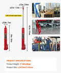 Heavy Duty 4 Ton Long Ram Hydraulic Jack With 8818 Lb Capacity For Engine Hoist And Garage Lifts, Manual Pump, Cherry Picker Ram, Flat Base, Handle Included, Red, shown with dimensions and usage examples.