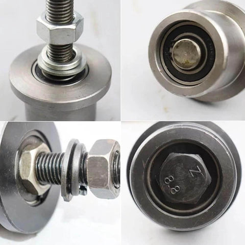 Close-up of steel components from 4 Pcs Heavy Duty I Beam Trolley Rollers with Double Bearing Wheels Adjustable Design for beams.