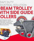 Heavy duty I-beam trolley with side guide rollers, 3/4 ton capacity, industrial grade for smooth motion in mechanical systems.