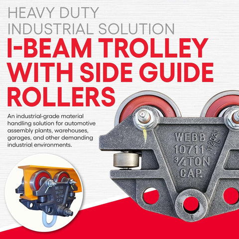 Heavy duty I-beam trolley with side guide rollers, 3/4 ton capacity, industrial grade for smooth motion in mechanical systems.
