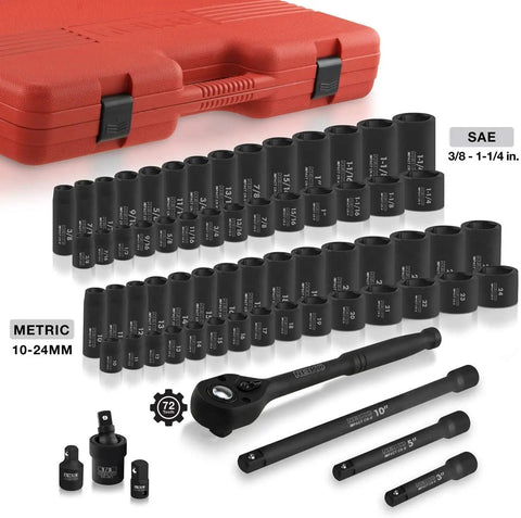 Heavy Duty Half Inch Drive Master Impact Socket Set With Sixty Five Pieces For SAE And Metric Sizes Includes Deep And Shallow Sockets Adapters And Ratchet Handle To Fit Three Eighths To One And Quarter Inch And Ten To Twenty Four Millimeter Fasteners, arranged with red case.