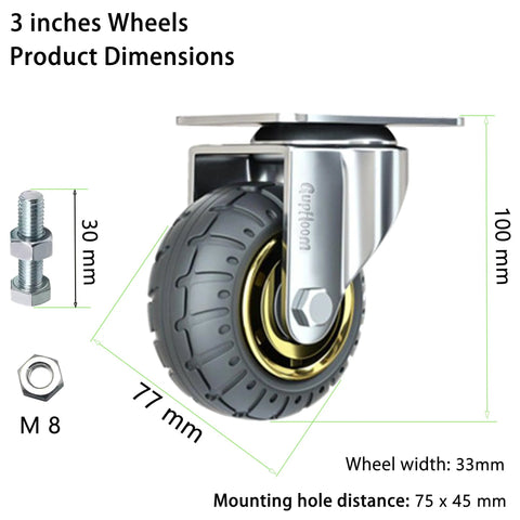 Close-up of Heavy Duty Swivel Industrial Plate 3 Inch Rubber Casters with pre-drilled mount and precision ball bearing, 100mm height.