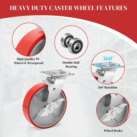Close-up of 8 inch heavy duty industrial locking casters set of 4 with polyurethane swivel plate design showcasing features like rotation and brakes.