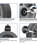 8 x 2 Inch Heavy Duty Industrial Caster Wheels with 1/2 Inch Bore Axle, featuring flat tread rubber, roller bearings, and 1100lbs capacity.