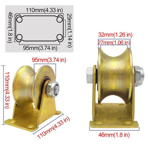 Pulley, Pulley Wheel, 4pc Heavy Duty Rigid Wheels, Sheave Directional Track Roller, Double Bearing, Gold, 95mm, side view