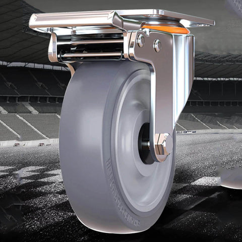 Heavy Duty Blue Rubber Caster Wheels Set with Brakes, shown in close-up industrial swivel plate castor view