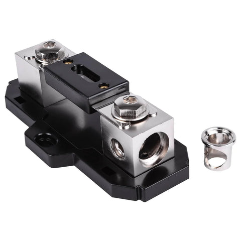Heavy Duty Inline ANL Fuse Holder with 200 Amp Fuse Included for 1/0 or 4 Gauge Car Audio Wiring, solid zinc core, front view