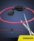 Inline Fuse Holder Kit For 14 AWG Wiring Harness With Weatherproof Lid And Heavy Duty Red 14 AWG Wire Fits ATC And ATO Blade Fuses Up To 30 Amp 10 Pack With Two Year Warranty shown with 12-inch dimension and scissors for cutting.