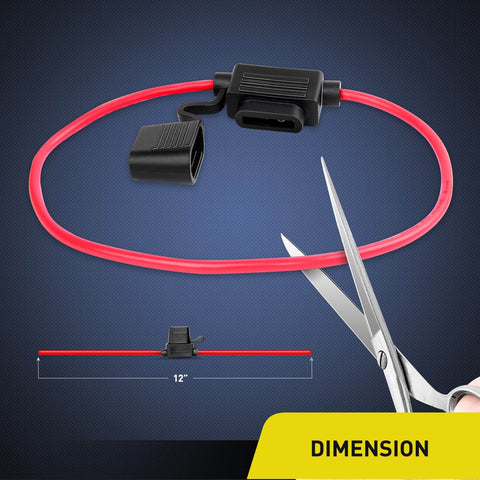 Inline Fuse Holder Kit For 14 AWG Wiring Harness With Weatherproof Lid And Heavy Duty Red 14 AWG Wire Fits ATC And ATO Blade Fuses Up To 30 Amp 10 Pack With Two Year Warranty shown with 12-inch dimension and scissors for cutting.