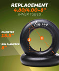 4.80/4.00-8 Heavy Duty Inner Tubes 2 Pack with TR-13 Straight Valve displayed with 8 inch rim diameter and 15.5 inch diameter dimensions