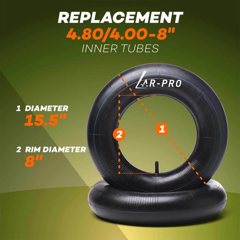 4.80/4.00-8 Heavy Duty Inner Tubes 2 Pack with TR-13 Straight Valve displayed with 8 inch rim diameter and 15.5 inch diameter dimensions