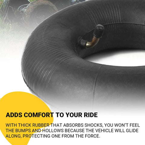 4.10/3.50-4 Heavy Duty Inner Tubes close-up with TR-87 Bent Valve Stem, natural rubber, for 4 Inch Rims on utility equipment.