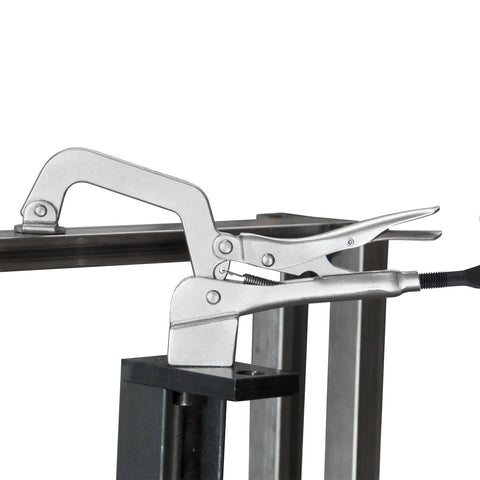 Heavy Duty Five Eighths Inch Insert Table Mounted Clamp With Rear Crank Handle for BuildPro welding tables in use