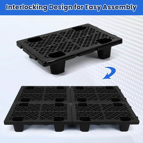 Beefy Heavy Duty Interlocking Plastic Pallets With Breathable Grids For Storage In Garage Warehouse Supermarket Restaurant And Kitchen, 8 Pack, 23.6 x 15.7 x 4.7 In, Black
