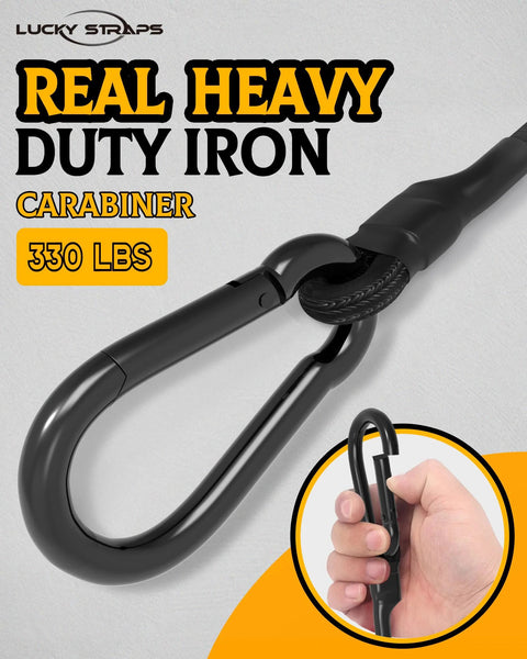 Close-up of iron carabiner from 8 Pack 12 Inch Heavy Duty Carabiner Bungee Cords With 190 Lbs Break Strength, shown with hand for scale