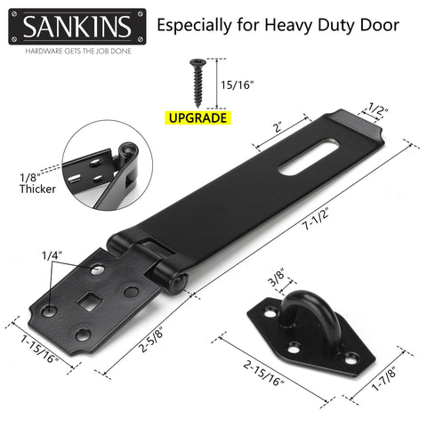 Seven And One Half Inch Heavy Duty Door Lock Hasp Latch with One Eighth Inch Thick Iron Gate Hasp, black durable with lengthened screws