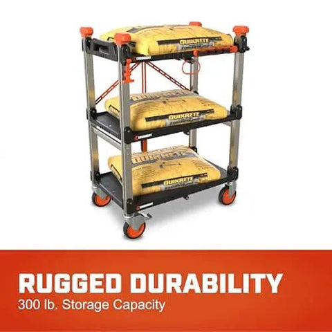 Heavy Duty Folding Jobsite Cart With Three Shelves And 300 Lb Capacity No Assembly Required Pro Grade Tradesman Utility Cart Crescent SiteRunner F3SCBL loaded with bags