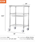 Heavy Duty Kitchen Utility Cart With Three Tiers And 470 Lb Capacity, 36.6 Inch By 20 Inch By 24 Inch Steel Rolling Cart With Brake Wheels For Indoor And Outdoor Use, Wire Shelves, Hooks, PP Liner, Storage Trolley, VEVOR