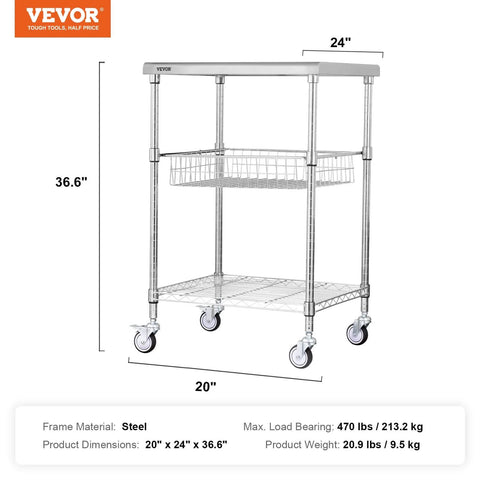 Heavy Duty Kitchen Utility Cart With Three Tiers And 470 Lb Capacity, 36.6 Inch By 20 Inch By 24 Inch Steel Rolling Cart With Brake Wheels For Indoor And Outdoor Use, Wire Shelves, Hooks, PP Liner, Storage Trolley, VEVOR
