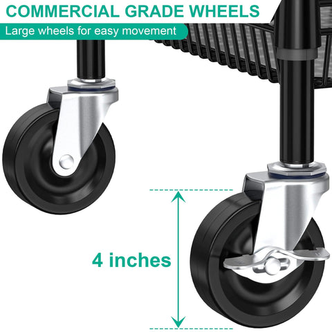 Close-up of 4-inch commercial grade wheels on Heavy Duty Rolling Cart With Wheels For Commercial Kitchens And Food Service, 3 Tier Utility Cart.