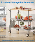 Heavy Duty Rolling Kitchen Cart With Wheels, 34 Inch L By 17.5 Inch W, 3 Tier Utility Cart With Wood Top, NSF Certified, in a kitchen setting.