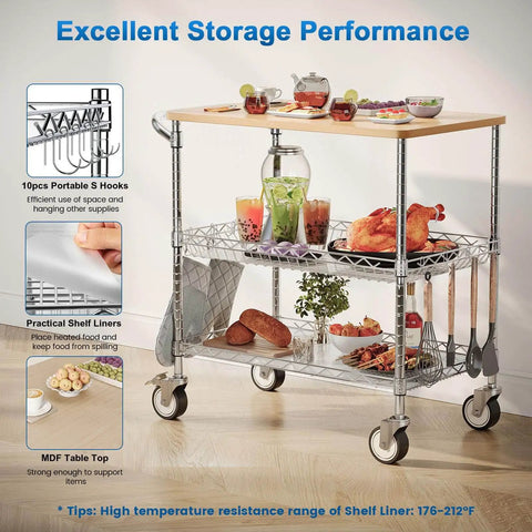 Heavy Duty Rolling Kitchen Cart With Wheels, 34 Inch L By 17.5 Inch W, 3 Tier Utility Cart With Wood Top, NSF Certified, in a kitchen setting.