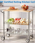 Heavy Duty Rolling Kitchen Cart With Wheels, 34 Inch L By 17.5 Inch W, 3 Tier Utility Cart With Wood Top, Workhorse NSF Certified Commercial Chrome Serving Cart With Handle And Shelf Liner