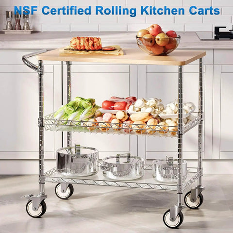 Heavy Duty Rolling Kitchen Cart With Wheels, 34 Inch L By 17.5 Inch W, 3 Tier Utility Cart With Wood Top, Workhorse NSF Certified Commercial Chrome Serving Cart With Handle And Shelf Liner